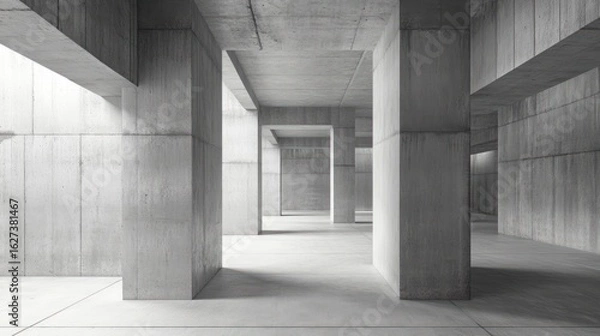 Fototapeta Concrete room with abstract interior. Open space. Industrial background template. 3d rendering