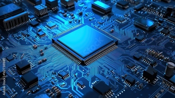 Fototapeta Blue Illuminated Circuit Board with Central Processor