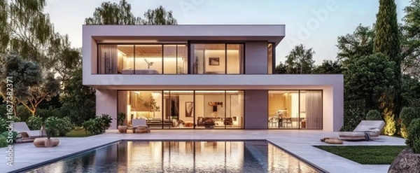 Fototapeta 3D rendering of a modern luxurious house with pool