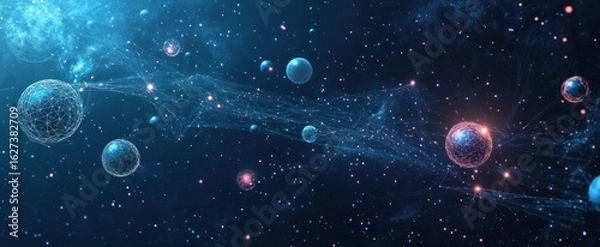 Fototapeta Abstract image of a growth chart in the form of a starry sky or space, consisting of points, lines, and shapes in the form of planets, stars and the universe. 3D Render illustration wireframe concept.