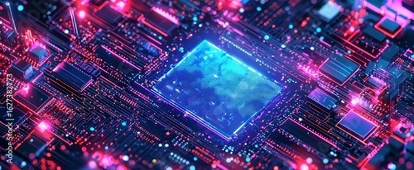 Fototapeta Abstract digital technology background. Isometric AI chip with AI hologram with circuit tech bg. Connected lines electric lightning. Bright light neon blue quantum CPU processor. illustration