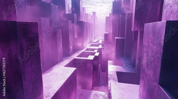 Fototapeta A Purple Cityscape of Geometric Structures and Fog