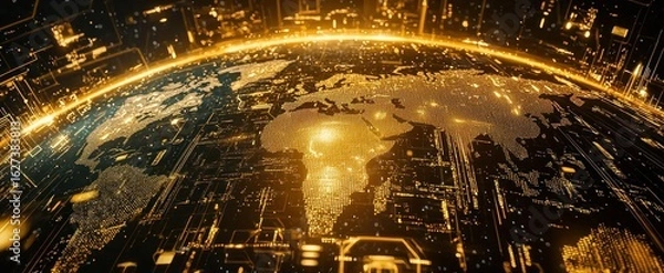 Fototapeta Digital world map with HUD elements. Earth hologram with golden glow. Sci-fi global network. Technology background.