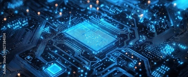 Fototapeta Abstract AI circuit board background. Technology connected blue lines with electronics elements on tech bg. Computer motherboard with a chip, processor, and semiconductor. Digital illustration