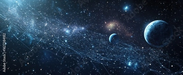 Fototapeta Abstract image of a growth chart in the form of a starry sky or space, consisting of points, lines, and shapes in the form of planets, stars and the universe. 3D Render illustration wireframe concept.