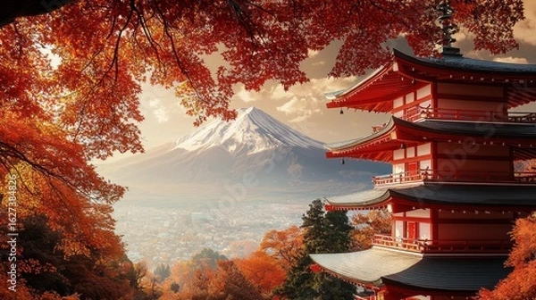 Fototapeta Red Pagoda with Mount Fuji and Autumn Leaves in the Background