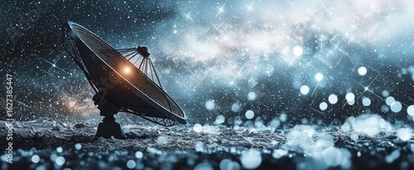 Fototapeta Astronomy. Abstract mash line and point radio telescope on white background with an inscription. Starry sky or space, consisting of stars and the universe. 