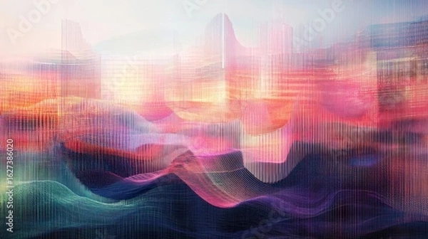 Fototapeta Abstract Landscape with Overlapping Grids and Lines in Pink, Orange, and Blue Hues