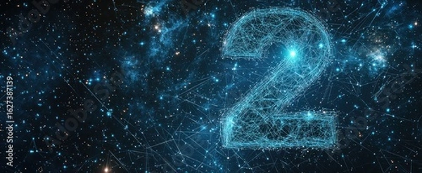 Fototapeta Abstract image of a number one in the form of a starry sky or space, consisting of points, lines, and shapes in the form of planets, stars and the universe. 3D Render illustration digit "2"