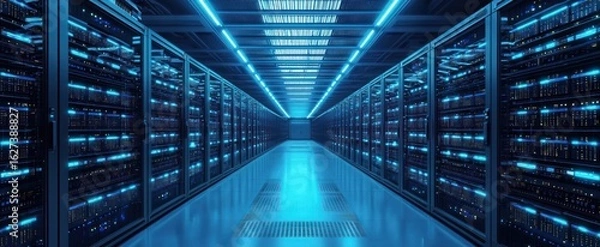 Fototapeta Server racks in server interior room data center. Server room center exchanging cyber datas and connections. Network security. Working Data Center. Supercomputer Technology Concept. 3d rendering