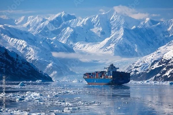 Obraz Container ship sailing through icy waters surrounded by snow mountains