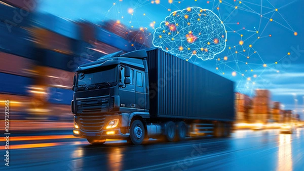 Obraz Logistics truck driving through port, symbolizing AI powered demand forecasting with digital brain overlay. scene conveys innovation