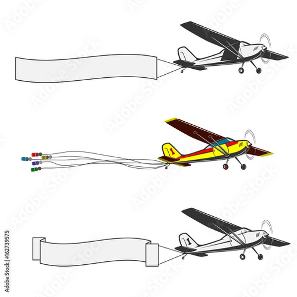 Obraz 
Three kinds of vintage, small aircraft. One in color.Banner on the tail
A small plane for a wedding. The banks hang on the ropes.