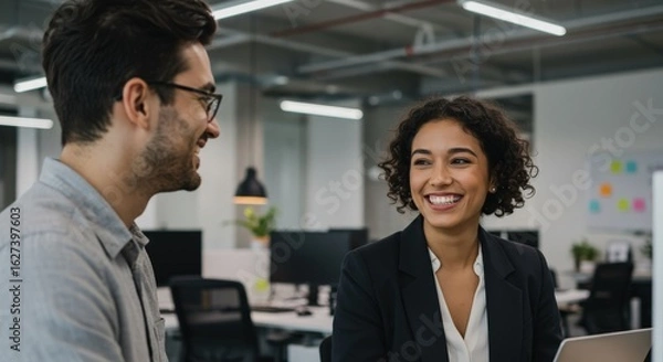 Fototapeta Smiling Business Colleagues in Office Discussing Work Collaboration.