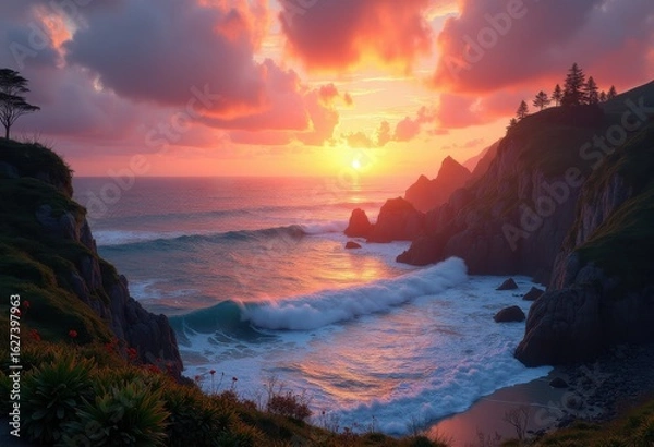 Fototapeta vibrant sunset over rugged cliffside beaches dramatic view ocean waves colors natural beauty, sky, horizon, rocks, seaside, sand, dusk, seascape