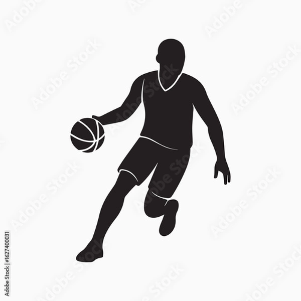Fototapeta Silhouette of a basketball player dribbling a ball isolated on white background