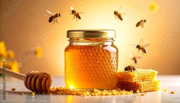 Fototapeta a jar organic honey with honeycomb and bees Natural sweetness label