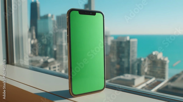 Obraz Sleek Mobile Phone with Green Screen on Window Sill Overlooking Blurred City