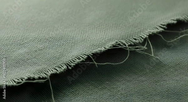 Fototapeta High-resolution macro shot of green woven fabric with frayed edge and loose threads — ideal for textile design, garment mockups, or fabric texture references