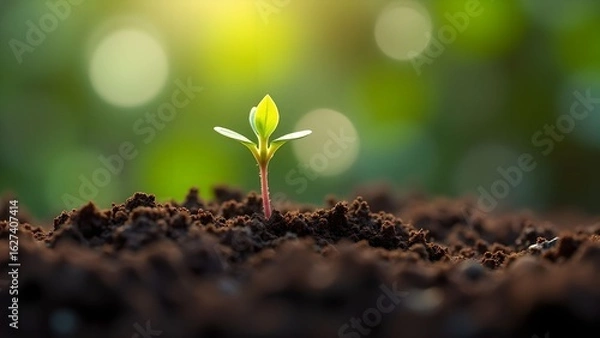 Fototapeta New sprout emerging from rich soil under soft sunlight in a nurturing environment