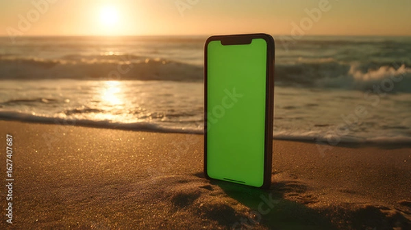 Obraz Vertical Mobile Phone Mockup with Green Screen on a Sunlit Sandy Beach at Sunset