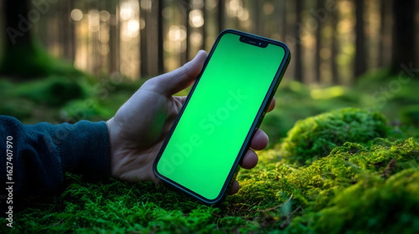 Fototapeta Mobile Phone Mockup with Green Screen Held by Hand in Vibrant Mossy Forest