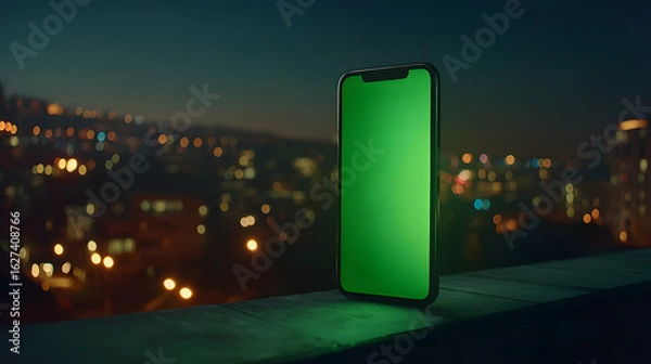 Obraz Modern Smartphone with Green Screen on a Ledge Overlooking Blurred City Lights at Night