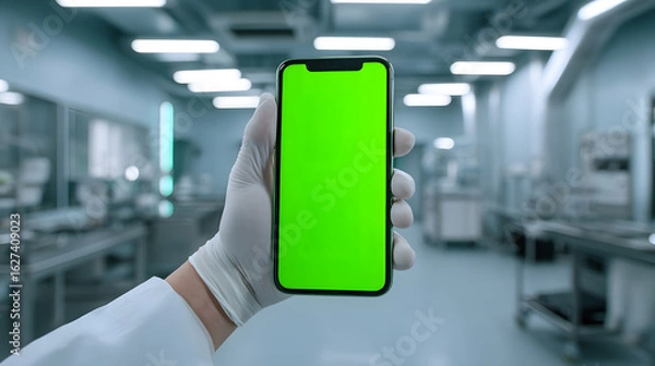 Obraz Hand in Sterile Glove Holding Smartphone with Green Screen in a Bright Modern Laboratory