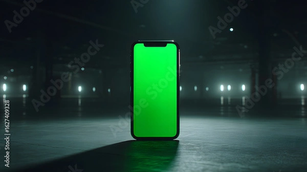 Obraz Modern Mobile Phone with Green Screen Standing on Dark Industrial Background