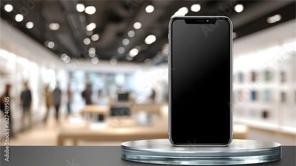 Obraz Modern Smartphone Mockup with Blank Screen on a Display Stand in a Bright Retail Store