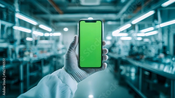 Obraz Gloved Hand Holding Mobile Phone with Green Screen in Futuristic Manufacturing Facility