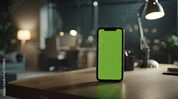 Obraz Modern Smartphone with Green Screen Mockup on an Office Desk at Night