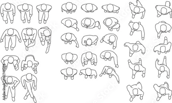 Fototapeta CAD Drawings. Set people outlines isolated on grey background. Sitting, Standing, walking. Top view. Vector illustration.