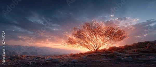 Obraz Dramatic sunset over mountains with a glowing tree
