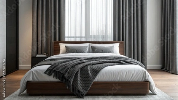 Obraz Modern bedroom with dark grey curtains and cozy bed isolated on white background