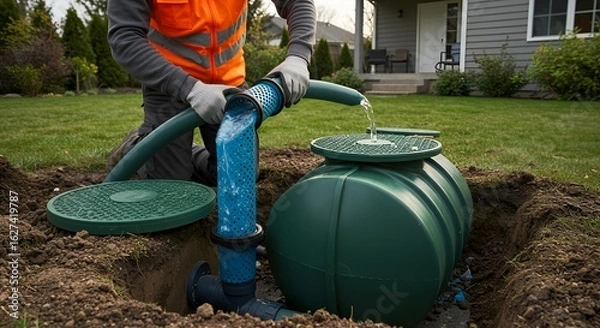 Fototapeta Man installing a rainwater harvesting system