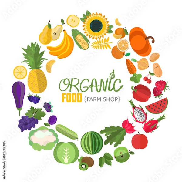 Fototapeta Vector vegetables and fruits illustration. Circle frame with fruit and vegetable icons. Concept illustration for groceries, agriculture stores, packaging and advertising.