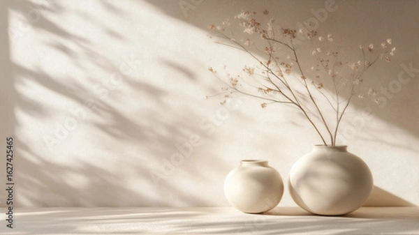 Obraz 陶器とドライフラワーの静物構成：広告背景素材