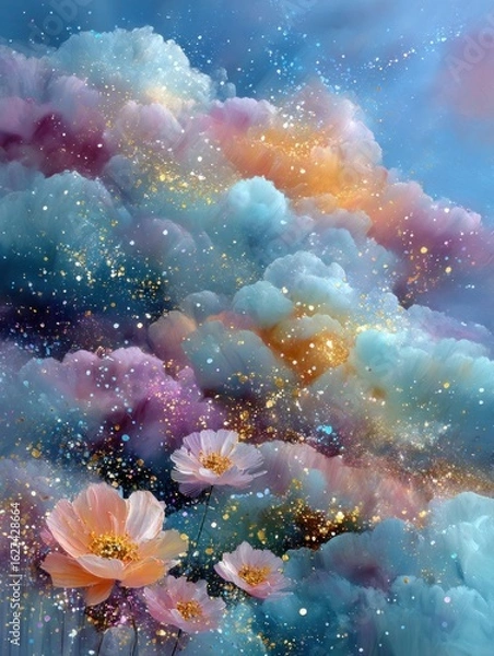 Obraz Dreamlike clouds, flowers, and glittering particles