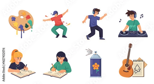 Fototapeta Creative youth hobbies and artistic expression icon set. Vector illustrations of music, dance, and art activities.