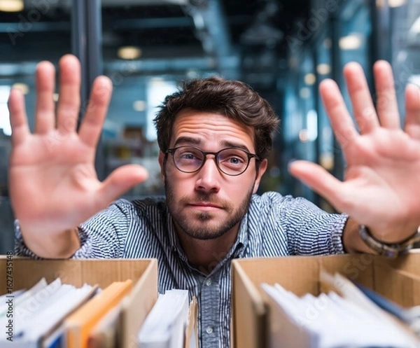 Obraz Reluctant Office Worker Hesitating Before Work, Commute Stress and Job Burnout Emotion