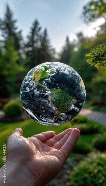 Obraz Earth floating in a hand, surrounded by nature