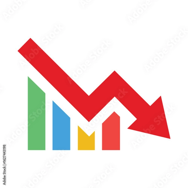 Obraz red business arrow graph falling down with multicolor bars