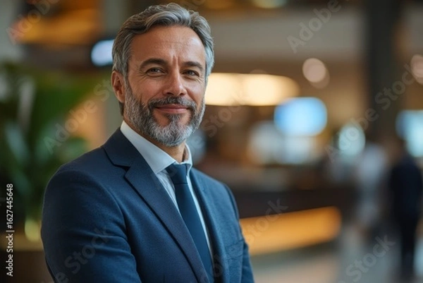 Fototapeta Mature businessman at a hotel reception, representing professional travel and business trips in a modern hospitality environment, Generative AI