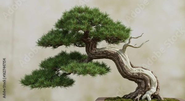 Fototapeta Sculpted by Time: A Pine Bonsai with a Dramatic, Twisted Trunk and White Shari