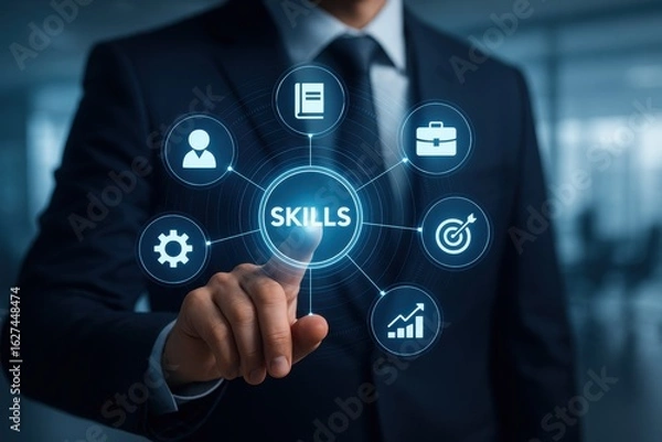 Obraz Skills and Expertise: A professional individual, impeccably attired in a business suit, selects a virtual skill, symbolizing a core competency. This image highlights career development