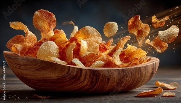 Obraz Crispy potato chips in wooden bowl