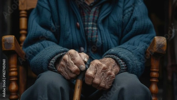 Fototapeta Close up of an elderly man holding a wooden walking cane. Concept of old age, retirement, and support for aging population.