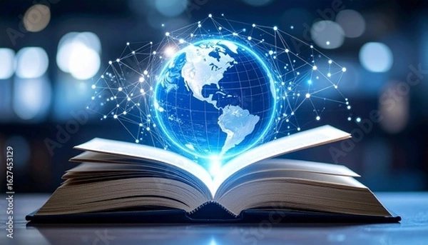 Obraz Digital access concept with open book and globe, tech and information freedom