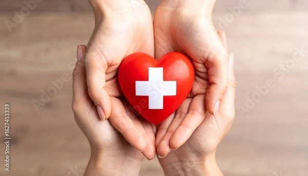 Obraz Hands forming a heart with Red Cross logo in the center